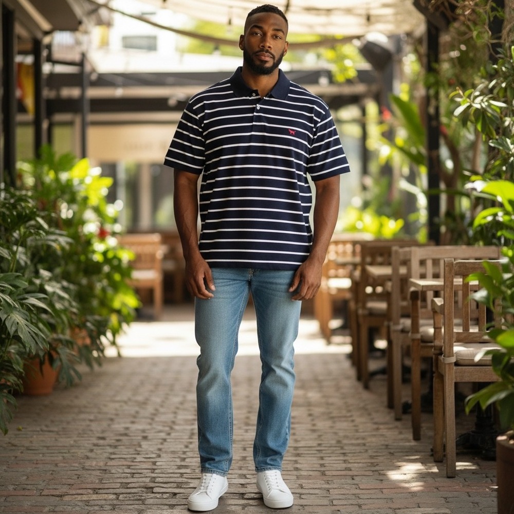 Simply Southern Mens XL Navy Blue White Striped Cotton Polo Shirt NWT 0125-MN